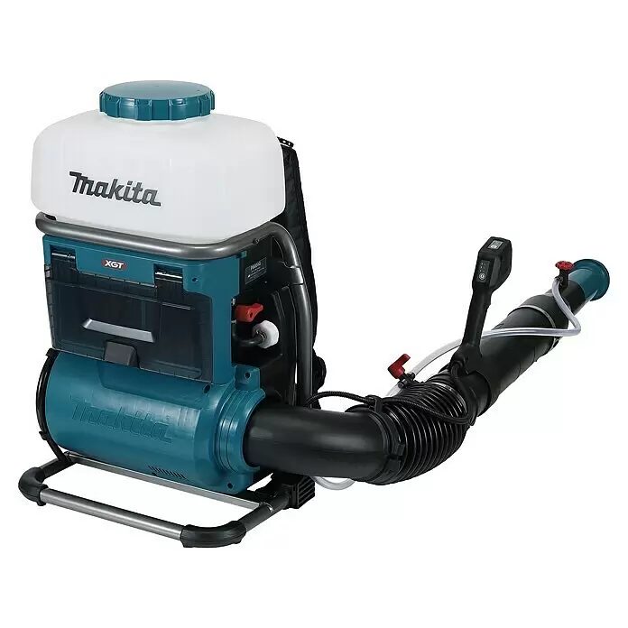 Makita XGT 40V max. Akku-Sprühgerät PM001GZ01 - 40 V, Ohne Akku, 15 l - Makita Rückensprühgerät mit weißem Tank, blauer Haupteinheit und schwarzem Schlauch. Mit Steuergriff und Metallrahmen.