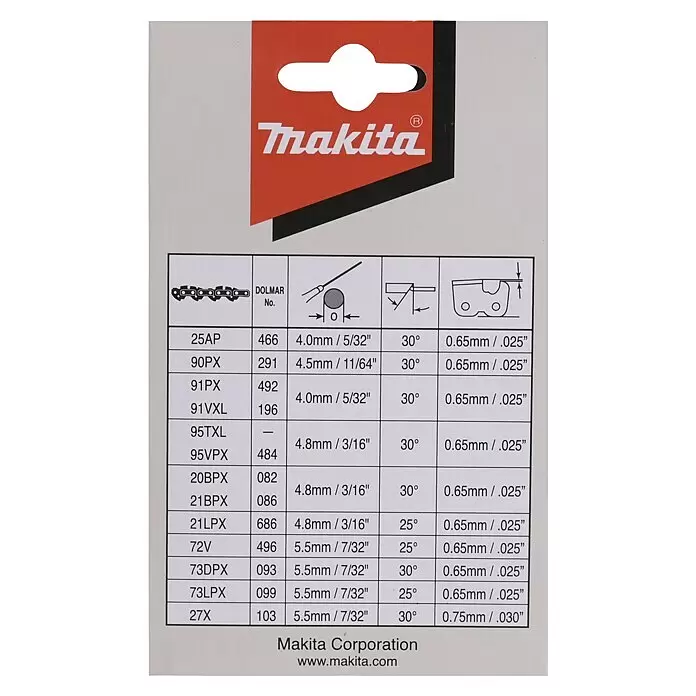 Makita Sägekette 191H12-3 - Passend für: UC4051A - Makita Kettensägen-Spezifikationstabelle mit Kettentypen, Feilengrößen, Winkeln und Tiefenbegrenzer-Einstellungen, inklusive Abbildungen.
