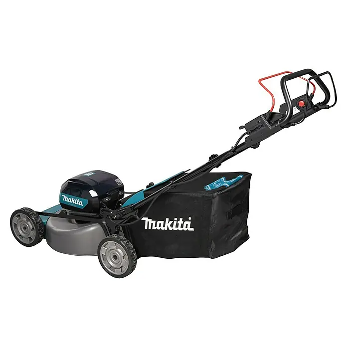 Makita XGT 40V max. Akku-Rasenmäher LM002GZ - 40 V, Ohne Akku, Schnittbreite: 53 cm - Abbildung eines Makita-Rasenmähers, der für effiziente Gartenarbeit entwickelt wurde. Er verfügt über einen robusten Fangkorb.