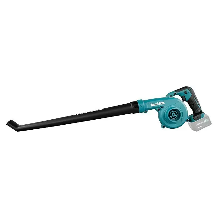 Makita CXT 12V max. Akku-Gebläse UB101DZ - Ohne Akku, Blasgeschwindigkeit: 56 m/s - Makita Akku-Gebläse mit langem schwarzem Rohr und türkisem Gehäuse, angetrieben von einem Akku-Pack.