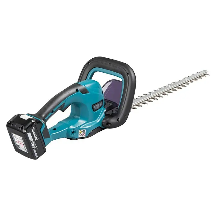 Makita LXT 18V Akku-Heckenschere DUH507RF - 18 V, Li-Ionen, 1 Akku, Schnittlänge: 500 cm - Akku-Heckenschere von Makita mit silbernen Klingen und einem türkisfarbenen und schwarzen Griff mit Akku.