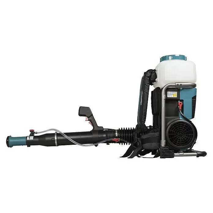 Makita XGT 40V max. Akku-Sprühgerät PM001GZ01 - 40 V, Ohne Akku, 15 l - Rucksack-Spritze/Gebläse mit weißem Tank, blau-grauem Gehäuse, schwarzen Gurten und langem schwarzem Rohr mit transparentem Schlauch.