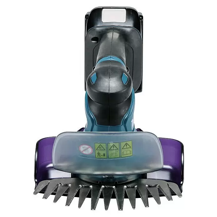 Makita LXT 18V Akku-Gras- & Strauchschere DUM604RFX1 - 18 V, Li-Ionen, 1 Akku - Schwarze und blaue Akku-Strauchschere mit lila Gehäuse und silbernen Klingen, Warnhinweise auf der transparenten Schutzabdeckung.