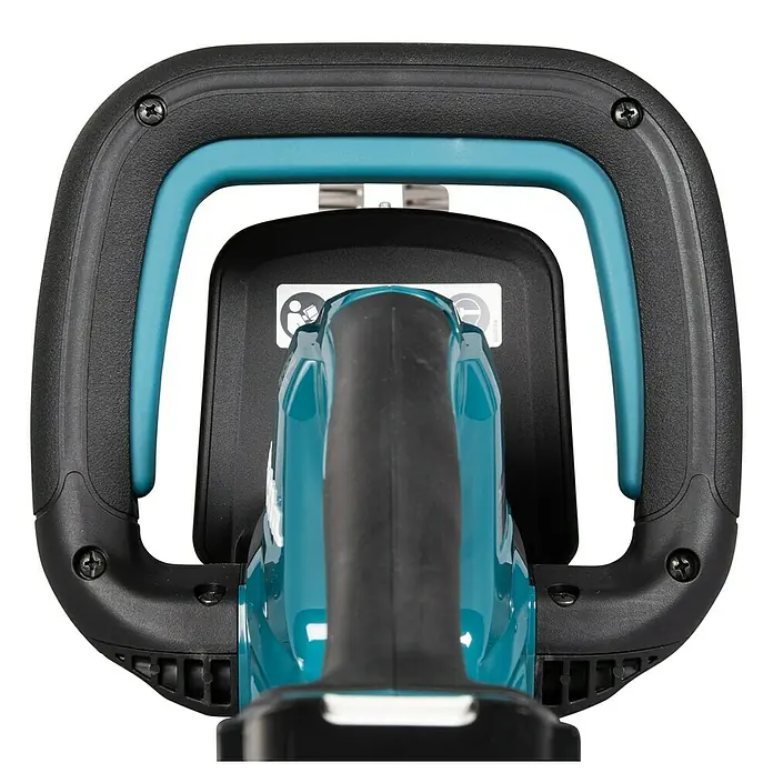 Makita LXT 18V Akku-Heckenschere DUH506Z - 18 V, Li-Ionen, Ohne Akku, Schnittlänge: 50 cm - Detailaufnahme des Makita Heckenscheren-Handgriffs mit ergonomischem Design für komfortable Handhabung bei der Gartenarbeit.