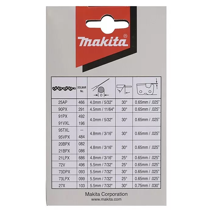 Makita Sägekette 191H13-1 - Passend für: Makita Elektro-Kettensäge UC4551A - Makita Kettensägen-Schärfanleitung mit Kettentypen, Dolmar-Nummern, Schärfwinkeln und Tiefenbegrenzer-Einstellungen.