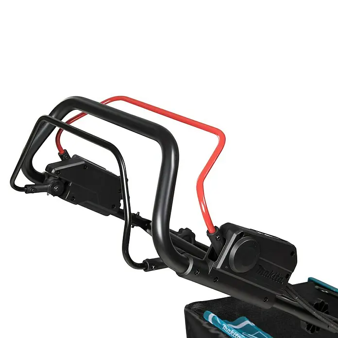 Makita XGT 40V max. Akku-Rasenmäher LM001GT204 - 40 V, 2 Akkus, 5 Ah, Schnittbreite: 48 cm - Nahaufnahme des Makita Rasenmähers mit Akkuantrieb, der durch sein ergonomisches Design und rote Akzente besticht.