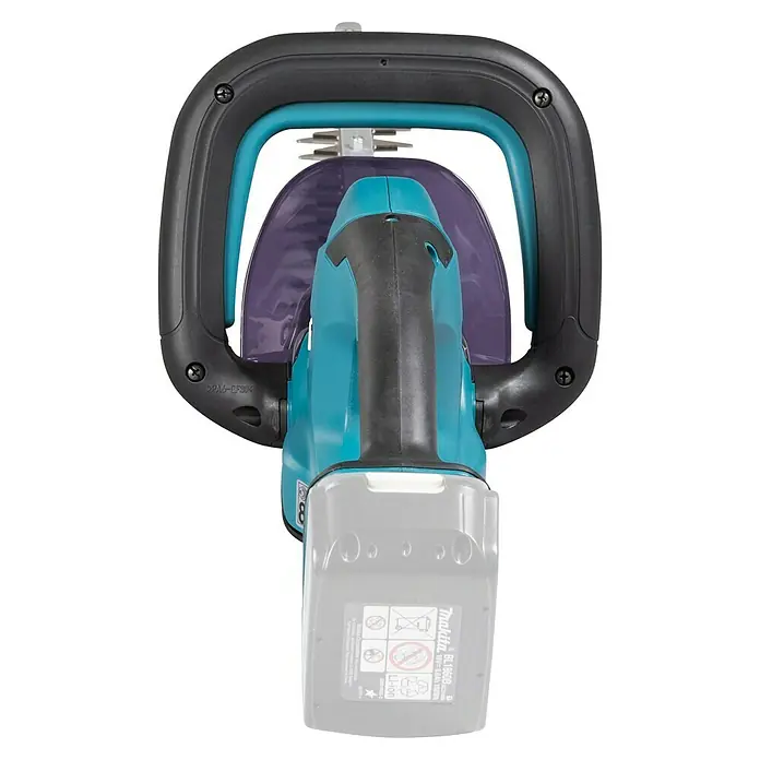 Makita LXT 18V Akku-Heckenschere DUH507Z - 18 V, Li-Ionen, Ohne Akku, Schnittlänge: 500 mm - Aufsicht auf eine Makita Akku-Heckenschere mit schwarzem Griff und hellblauen Akzenten. Die Heckenschere hat eine violette Schutzabdeckung.