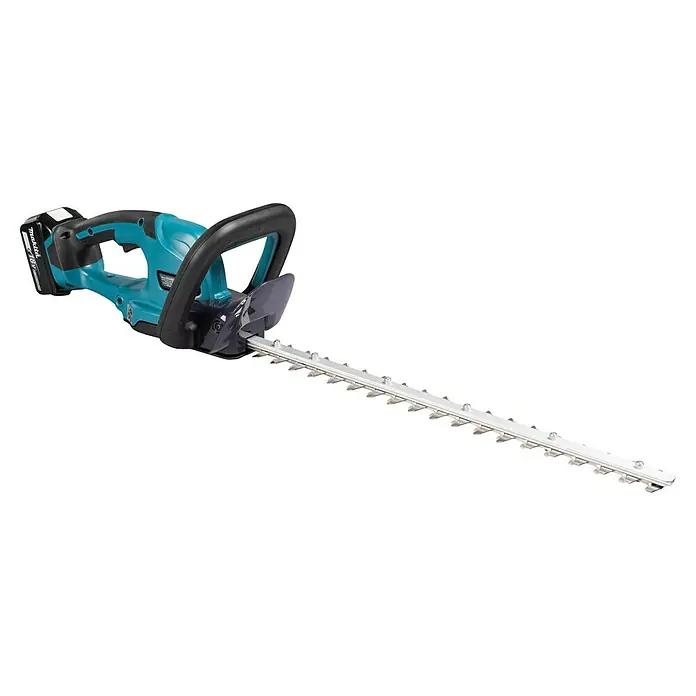 Makita LXT 18V Akku-Heckenschere DUH507RF - 18 V, Li-Ionen, 1 Akku, Schnittlänge: 500 cm - Akku-Heckenschere von Makita in Türkis und Schwarz mit silberner Klinge für den präzisen Heckenschnitt im Garten.