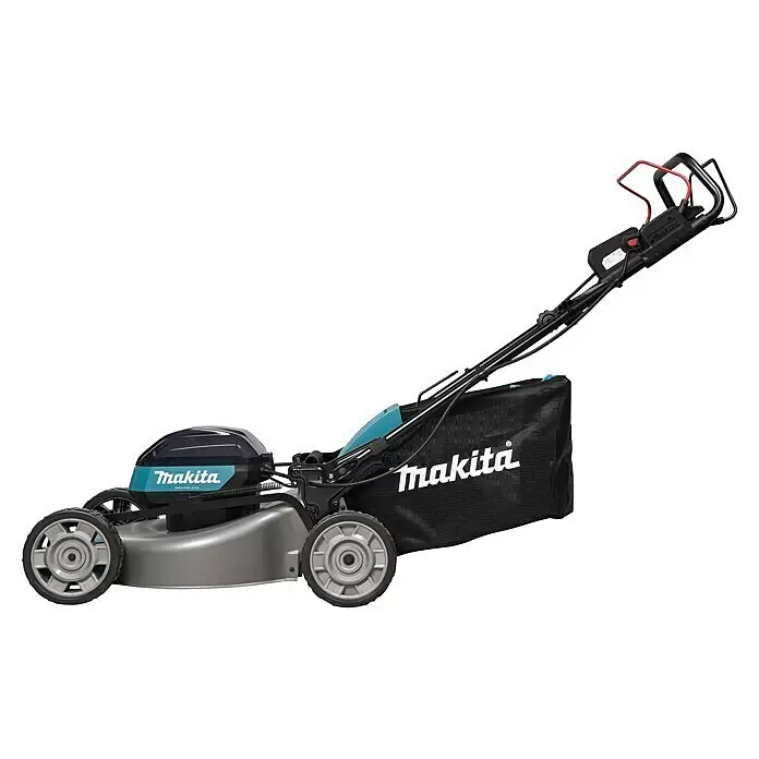 Makita XGT 40V max. Akku-Rasenmäher LM002GZ - 40 V, Ohne Akku, Schnittbreite: 53 cm - Makita Akku-Rasenmäher mit grauem Gehäuse, blauem Motorgehäuse, schwarzem Grasfangsack und roten Griffakzenten.
