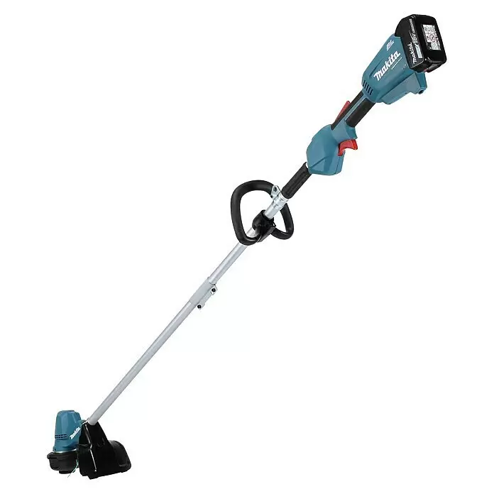 Makita LXT 18V Akku-Rasentrimmer DUR192LRT1 - 18 V, 5 Ah, Li-Ionen, 1 Akku, Schnittbreite Faden: 30 cm - Makita Akku-Rasentrimmer 18V LXT in Blau und Grau mit schwarzen Griffen und rotem Abzug.