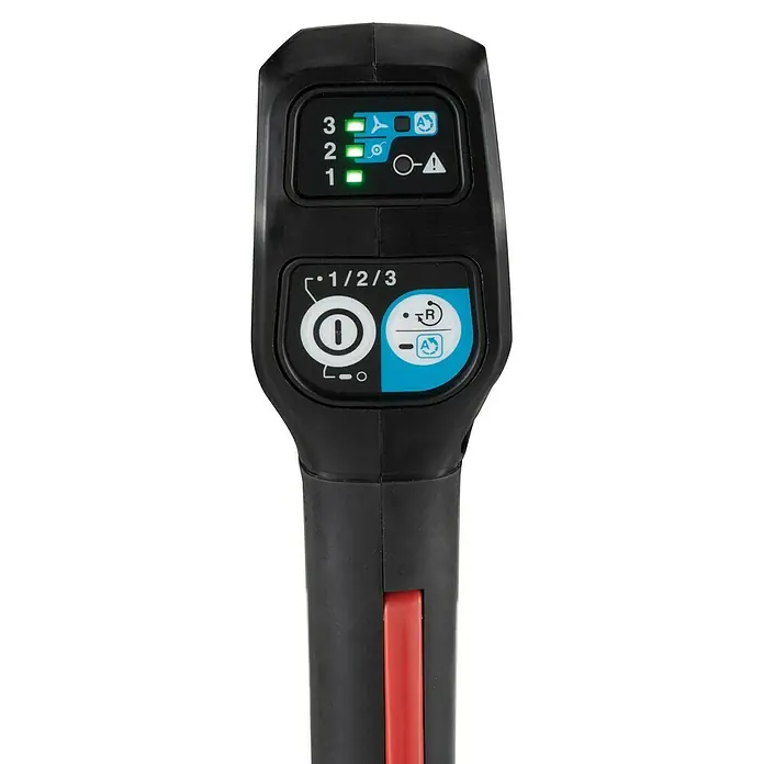 Makita XGT 40V max. Akku-Motorsense UR016GZ - 40 V, Ohne Akku, Schnittbreite Messer: 230 mm - Nahaufnahme der Bedienelemente eines elektronischen Werkzeugs mit LED-Anzeigen und Funktionswahlschaltern.