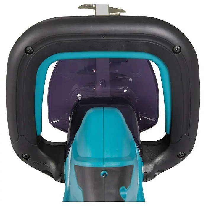 Makita LXT 18V Akku-Heckenschere DUH507RF - 18 V, Li-Ionen, 1 Akku, Schnittlänge: 500 cm - Detailaufnahme eines Heckenschneiders, der die ergonomischen Griffe und die Bauweise des Geräts hervorhebt.\n