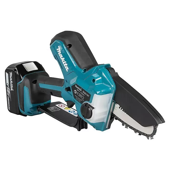 Makita LXT 18V Akku-Astsäge DUC101RF01 - 18 V, 3 Ah, 1 Akku - Makita DUC101 18V Akku-Mini-Kettensäge, türkis-schwarz, mit Akku und Schnittbalken.