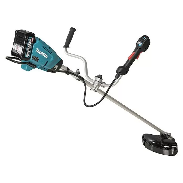 Makita XGT 40V max. Akku-Motorsense UR016GZ - 40 V, Ohne Akku, Schnittbreite Messer: 230 mm - Makita 40Vmax XGT Akku-Motorsense mit türkisfarbenem Gehäuse, schwarzem Akku und Griffen zum Rasenschneiden.