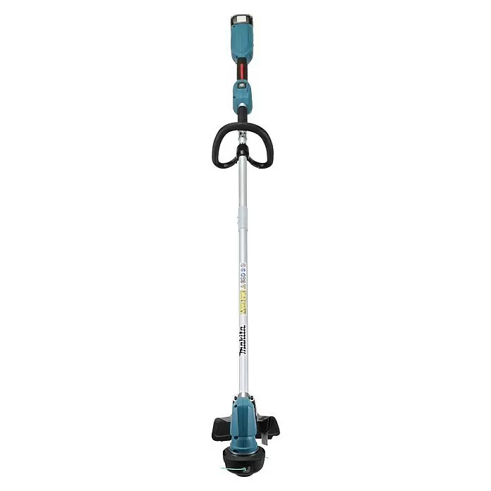Makita LXT 18V Akku-Rasentrimmer DUR192LRT1 - 18 V, 5 Ah, Li-Ionen, 1 Akku, Schnittbreite Faden: 30 cm - Blauer und schwarzer Makita Akku-Rasentrimmer mit silbernem Schaft und schwarzem D-Griff.