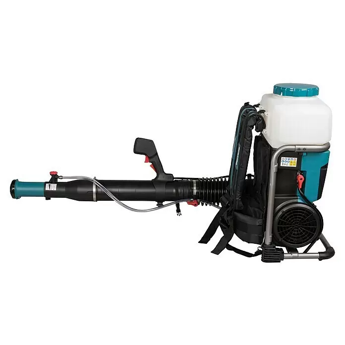 Makita XGT 40V max. Akku-Sprühgerät PM001GZ01 - 40 V, Ohne Akku, 15 l - Rucksack-Vernebler mit weißem Tank, türkisfarbener Basis, schwarzem Schlauch und ergonomischem Griff.