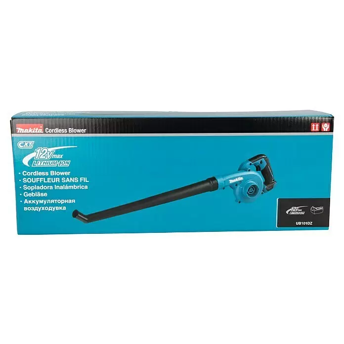 Makita CXT 12V max. Akku-Gebläse UB101DZ - Ohne Akku, Blasgeschwindigkeit: 56 m/s - Makita 12Vmax Akku-Gebläse UB101DZ, hellblau und schwarz, auf Produktverpackung abgebildet.