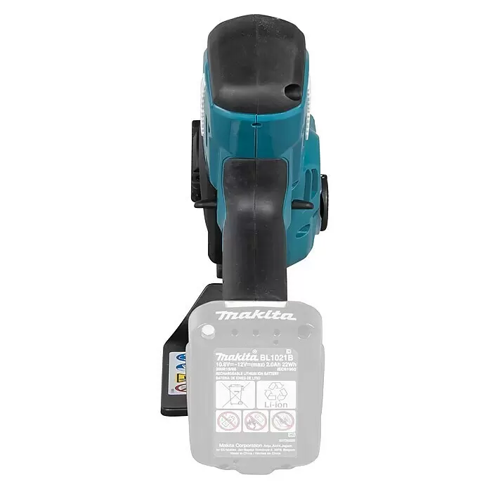 Makita CXT 12V max. Akku-Astsäge UC100DZ - Li-Ionen, Ohne Akku, Schwertlänge: 12 cm - Blau-schwarzes Makita Akku-Elektrowerkzeug mit angeschlossenem grauem Makita BL1021B 12V Li-Ionen-Akku.