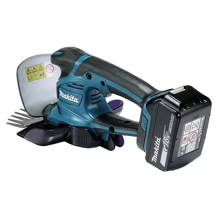 Makita LXT 18V Akku-Gras- & Strauchschere DUM604RFX1 - 18 V, Li-Ionen, 1 Akku - Makita 18V Akku-Grasschere/Strauchscherer in Blau und Schwarz, mit silberner Klinge und Akku.