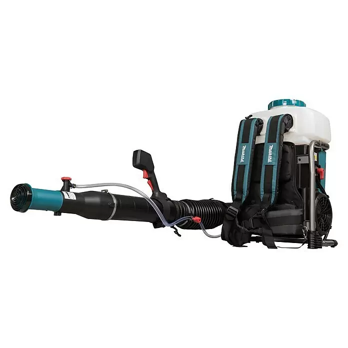 Makita XGT 40V max. Akku-Sprühgerät PM001GZ01 - 40 V, Ohne Akku, 15 l - Makita Rucksack-Spritze/Gebläse in Schwarz, Blau und Weiß mit langer Düse, Griff und transparentem Schlauch.