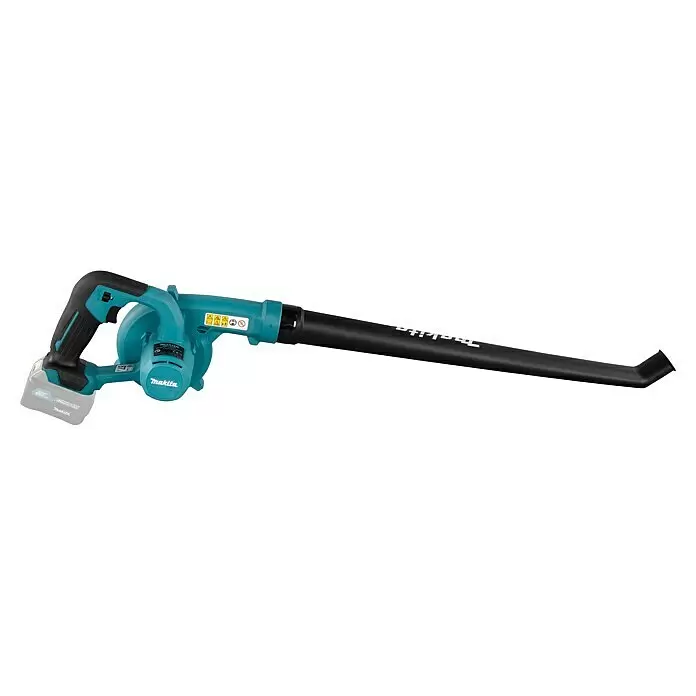 Makita CXT 12V max. Akku-Gebläse UB101DZ - Ohne Akku, Blasgeschwindigkeit: 56 m/s - Türkis-schwarzer Akku-Laubbläser mit grauem Akkupack.