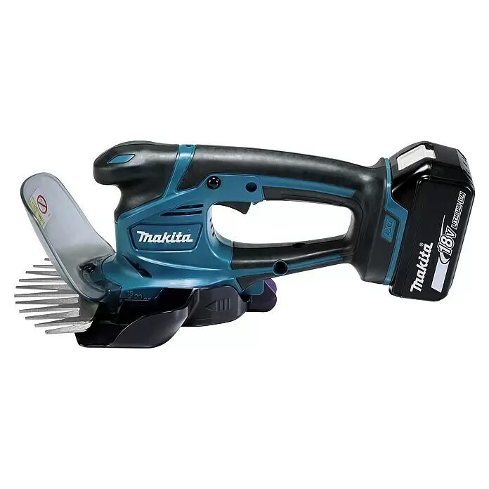 Makita LXT 18V Akku-Gras- & Strauchschere DUM604RFX1 - 18 V, Li-Ionen, 1 Akku - Makita 18V Akku-Heckenschere in Blau und Schwarz mit silbernen Klingen und angeschlossenem Lithium-Ionen-Akku.