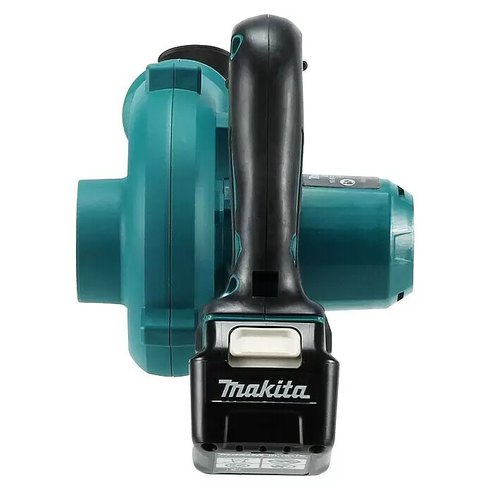 Makita CXT 12V max. Akku-Gebläse UB101DZ - Ohne Akku, Blasgeschwindigkeit: 56 m/s - Makita Akku-Gebläse mit türkisem Gehäuse, schwarzem Griff und befestigtem Akku.