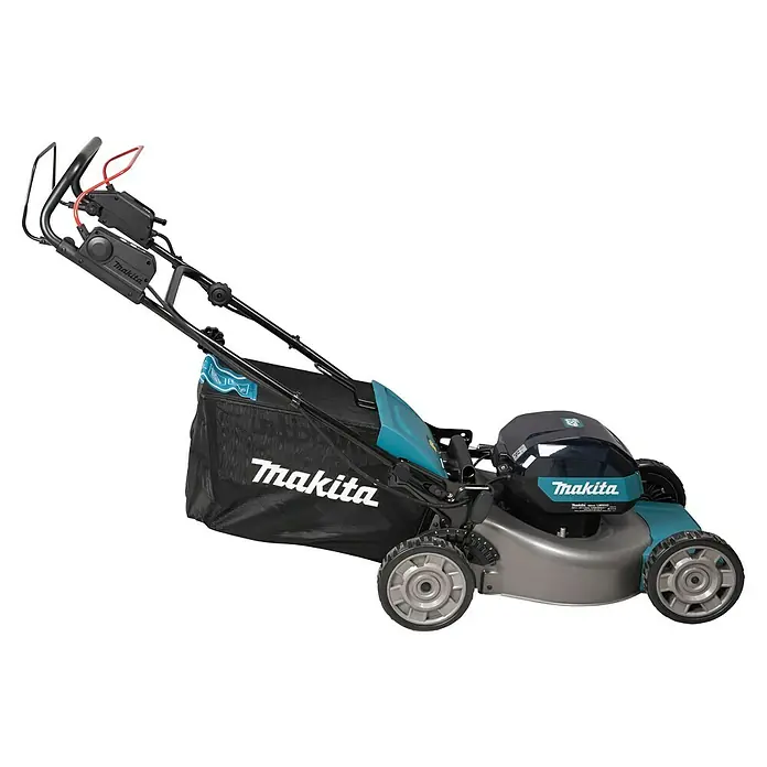 Makita XGT 40V max. Akku-Rasenmäher LM001GT204 - 40 V, 2 Akkus, 5 Ah, Schnittbreite: 48 cm - Abbildung eines Makita Akku-Rasenmähers. Das Gerät ist mit einem Grasfangkorb und einem verstellbaren Griff ausgestattet.