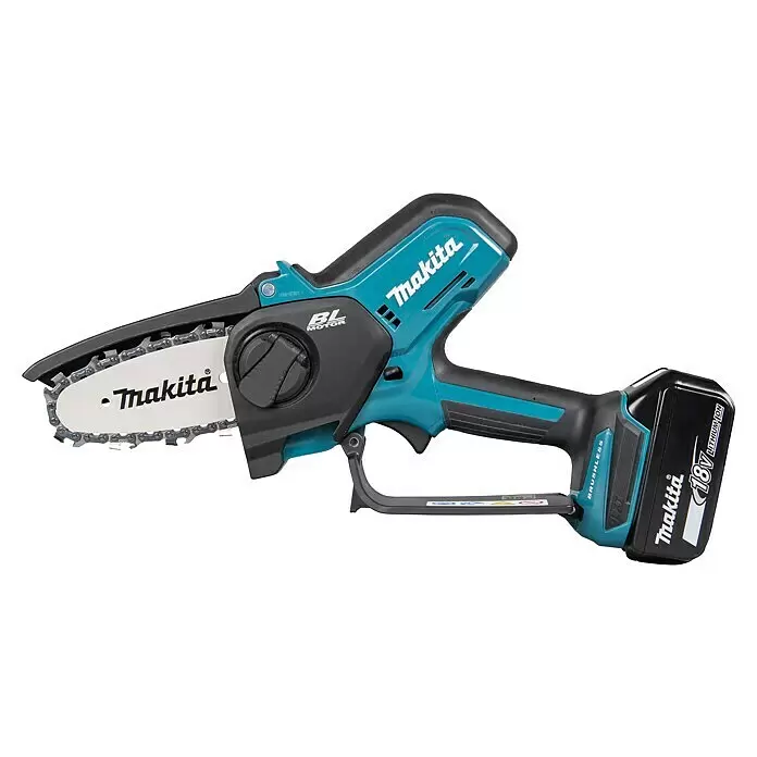 Makita LXT 18V Akku-Astsäge DUC101RF01 - 18 V, 3 Ah, 1 Akku - Türkis-schwarze Makita 18V Akku-Minikettensäge mit bürstenlosem Motor und sichtbarer Kette.