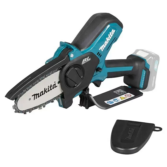 Makita CXT 12V max. Akku-Astsäge UC100DZ - Li-Ionen, Ohne Akku, Schwertlänge: 12 cm - Makita Akku-Mini-Kettensäge in Türkis und Schwarz mit Akku und Kettenschutz für effizientes Schneiden.