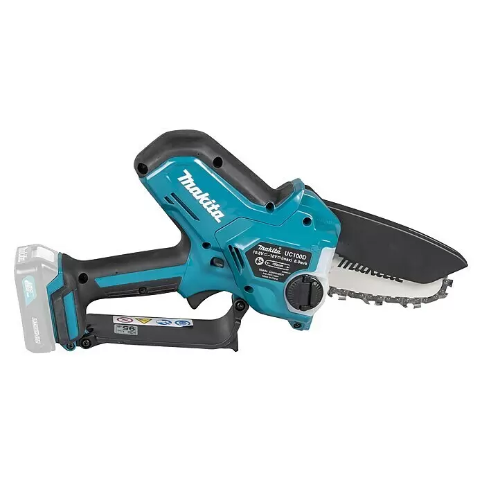 Makita CXT 12V max. Akku-Astsäge UC100DZ - Li-Ionen, Ohne Akku, Schwertlänge: 12 cm - Eine türkis-schwarze Makita UC100D Akku-Mini-Kettensäge mit Lithium-Ionen-Akku, ausgestattet mit einer kurzen Führungsschiene und Kette zum Beschneiden.
