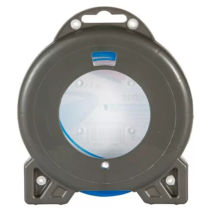Makita Ersatzfaden E-02733 - Fadenlänge: 15 m, Fadenstärke: 1,6 mm - Dunkelgraue Kunststoffrolle für Kabeleinziehband mit transparentem Zentrum und blauen Akzenten.