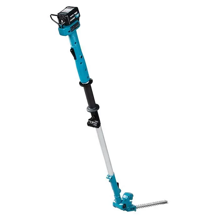 Makita CXT 12V max. Teleskop-Heckenschere UN460WDZ - Li-Ionen, Anzahl Akkus: Ohne Akku, Schnittlänge: 46 cm - Hellblauer Akku-Heckenschneider mit langem Stiel, schwarzem Akku und silberner Klinge.