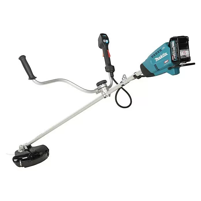 Makita XGT 40V max. Akku-Motorsense UR016GZ - 40 V, Ohne Akku, Schnittbreite Messer: 230 mm - Makita XGT 40VMax Akku-Motorsense mit blau-schwarzem Gehäuse, silbernem Schaft und schwarzem Akku.