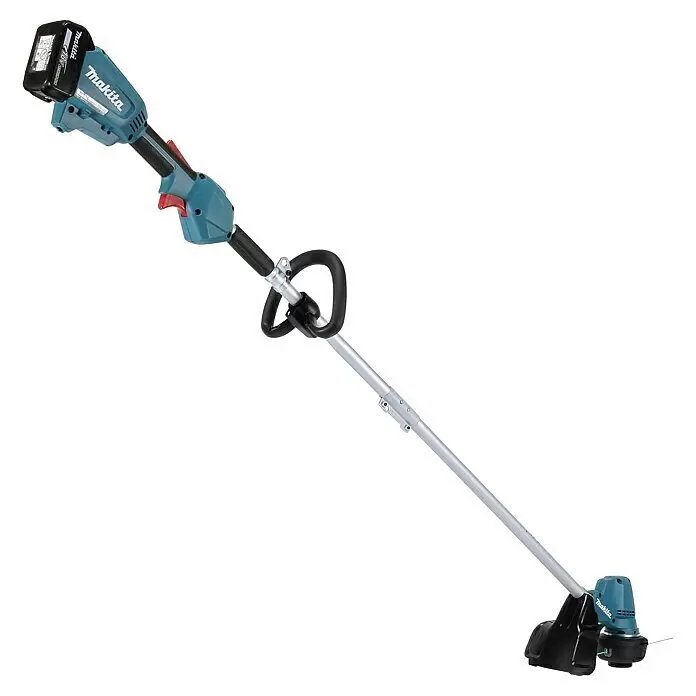 Makita LXT 18V Akku-Rasentrimmer DUR192LRT1 - 18 V, 5 Ah, Li-Ionen, 1 Akku, Schnittbreite Faden: 30 cm - Makita 18V Akku-Motorsense mit blaugrauem Gehäuse, schwarzem Akku, silbernem Schaft und schwarzem Schneidkopf.