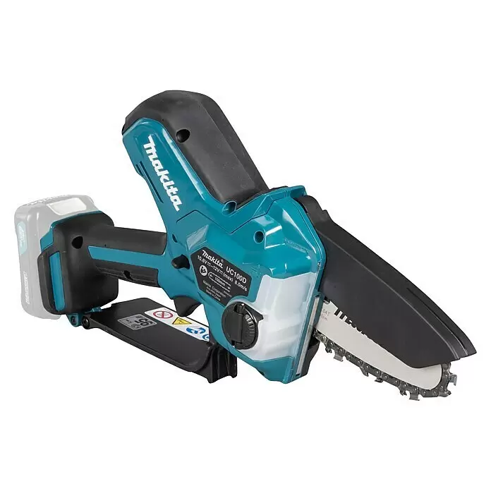 Makita CXT 12V max. Akku-Astsäge UC100DZ - Li-Ionen, Ohne Akku, Schwertlänge: 12 cm - Makita Akku-Minikettensäge in Türkis und Schwarz mit grauem Akku, kurzem Schwert und sichtbarer Kette.