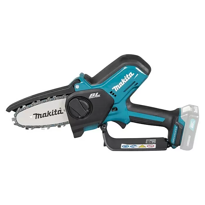 Makita CXT 12V max. Akku-Astsäge UC100DZ - Li-Ionen, Ohne Akku, Schwertlänge: 12 cm - Eine türkis-schwarze Makita Akku-Minikettensäge mit weißem Schwert und Metallkette, inklusive abnehmbarem Akku.