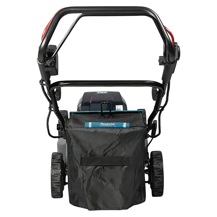 Makita XGT 40V max. Akku-Rasenmäher LM001GT204 - 40 V, 2 Akkus, 5 Ah, Schnittbreite: 48 cm - Ansicht eines Makita Rasenmähers mit Fangkorb. Das Gerät ist in Schwarz, Türkis und Grau gehalten und hat einen roten Griff.