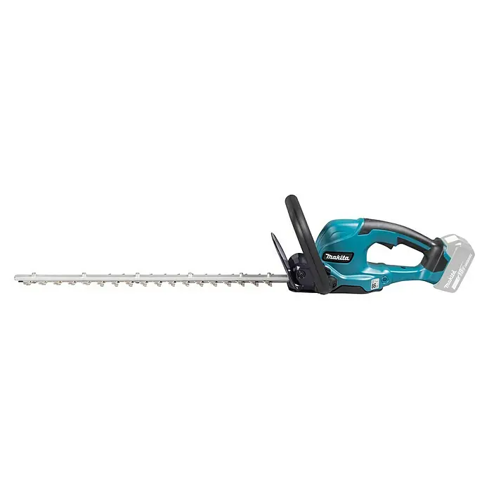 Makita LXT 18V Akku-Heckenschere DUH507Z - 18 V, Li-Ionen, Ohne Akku, Schnittlänge: 500 mm - Eine akkubetriebene Makita Heckenschere mit blaugrünem Griff und silberner Klinge vor schwarzem Hintergrund.