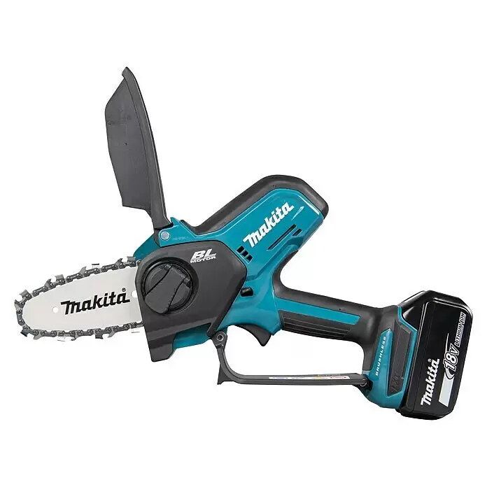 Makita LXT 18V Akku-Astsäge DUC101RF01 - 18 V, 3 Ah, 1 Akku - Eine türkis-schwarze Makita Akku-Mini-Kettensäge mit 18V-Akkupack und Schutzbügel.
