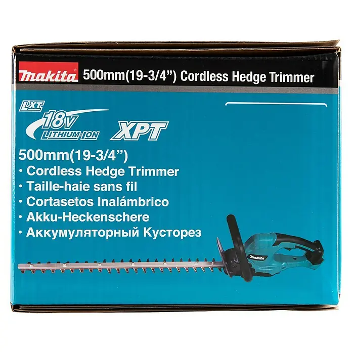 Makita LXT 18V Akku-Heckenschere DUH507Z - 18 V, Li-Ionen, Ohne Akku, Schnittlänge: 500 mm - Abbildung einer Makita 500mm Akku-Heckenschere mit 18V LXT-Akku und XPT-Technologie auf der Verpackung.