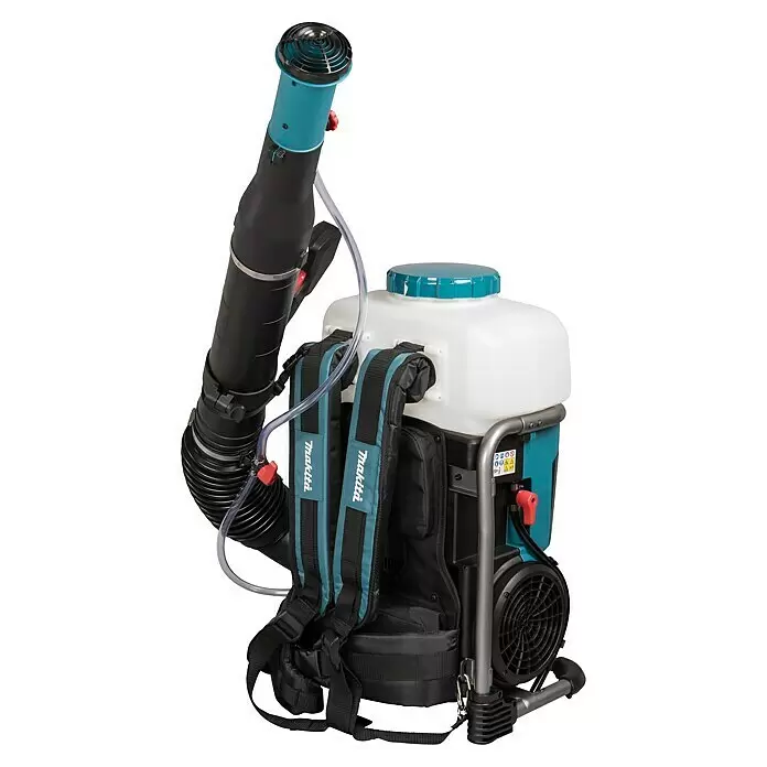 Makita XGT 40V max. Akku-Sprühgerät PM001GZ01 - 40 V, Ohne Akku, 15 l - Makita Rucksacksprühgerät/-gebläse mit weißem Tank, schwarzen und tealfarbenen Akzenten und roten Bedienelementen.