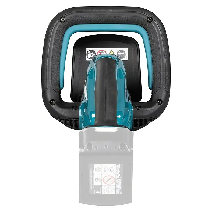 Makita LXT 18V Akku-Heckenschere DUH506Z - 18 V, Li-Ionen, Ohne Akku, Schnittlänge: 50 cm - Nahaufnahme der Makita Akku-Heckenschere, die ein ergonomisches Design und eine robuste Bauweise für komfortables Arbeiten zeigt.