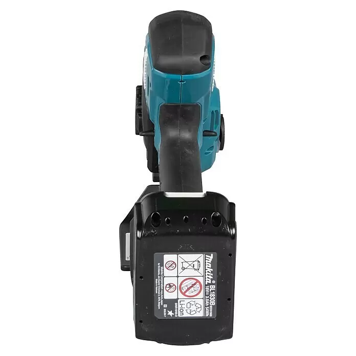 Makita LXT 18V Akku-Astsäge DUC101RF01 - 18 V, 3 Ah, 1 Akku - Makita BL1830B 18V Li-ion Akku (schwarz) an einem blau-schwarzen Akku-Elektrowerkzeug.