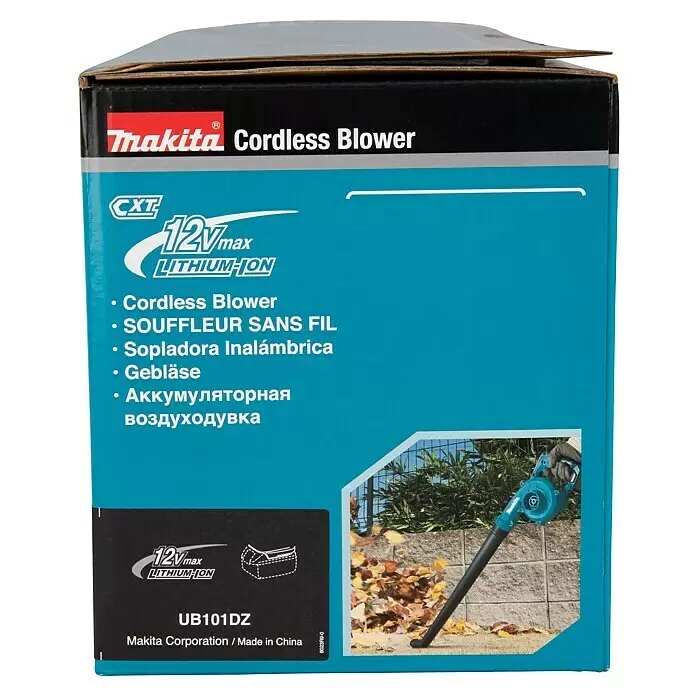 Makita CXT 12V max. Akku-Gebläse UB101DZ - Ohne Akku, Blasgeschwindigkeit: 56 m/s - Makita Akku-Gebläse-Karton, schwarz-türkis, mit "12Vmax LITHIUM-ION" Schriftzug und Abbildung des Gebläses.