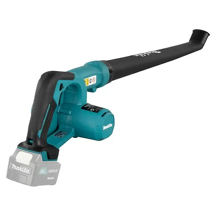 Makita CXT 12V max. Akku-Gebläse UB101DZ - Ohne Akku, Blasgeschwindigkeit: 56 m/s - Türkiser und schwarzer Akku-Laubbläser mit grauem Akku.