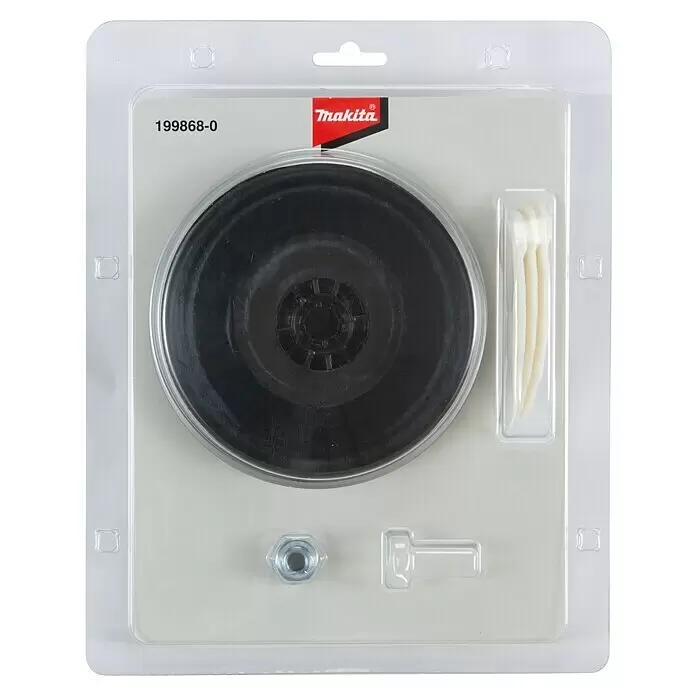 Makita Ersatzmesserkopf 199868-0 - Makita LXT 18V Akku-Freischneider DUR369AZX6 - Makita Schleifteller-Set 199868-0: schwarzer Stützteller, weiße Polierpads, Sechskantmutter und Spindel.