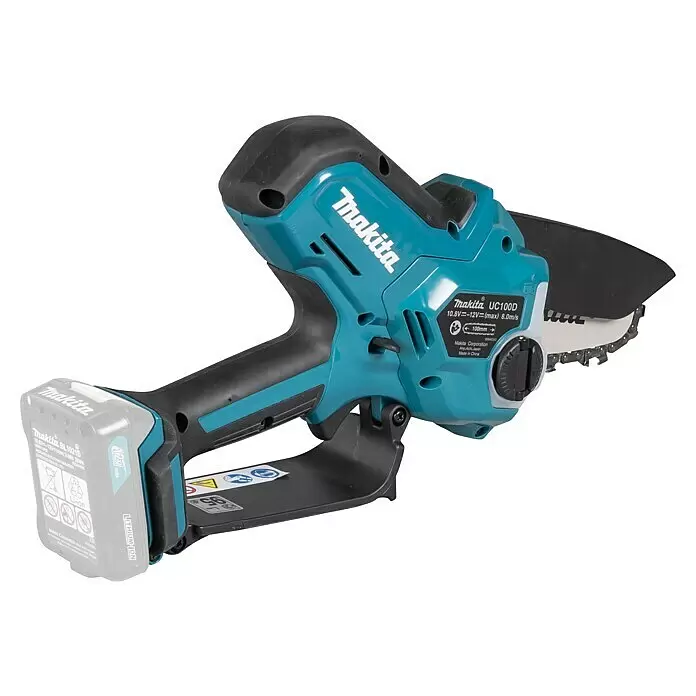 Makita CXT 12V max. Akku-Astsäge UC100DZ - Li-Ionen, Ohne Akku, Schwertlänge: 12 cm - Türkis-schwarze Makita UC100D Akku-Kettensäge mit 10.8V Akku, zum Beschneiden geeignet.