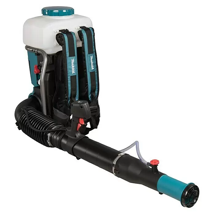 Makita XGT 40V max. Akku-Sprühgerät PM001GZ01 - 40 V, Ohne Akku, 15 l - Makita Rucksacksprühgerät/Gebläse mit weißem Tank, schwarzem Gehäuse und türkisblauen Akzenten.