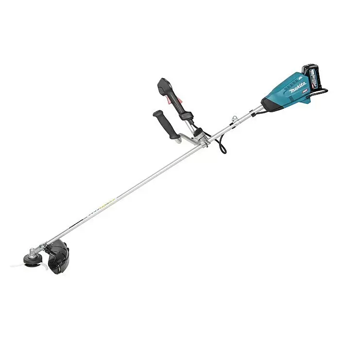 Makita XGT 40V max. Akku-Motorsense UR016GZ - 40 V, Ohne Akku, Schnittbreite Messer: 230 mm - Akku-Motorsense von Makita mit blau-schwarzem Gehäuse, silbernem Schaft und schwarzem Akku, mit Schneidkopf und weißem Faden.